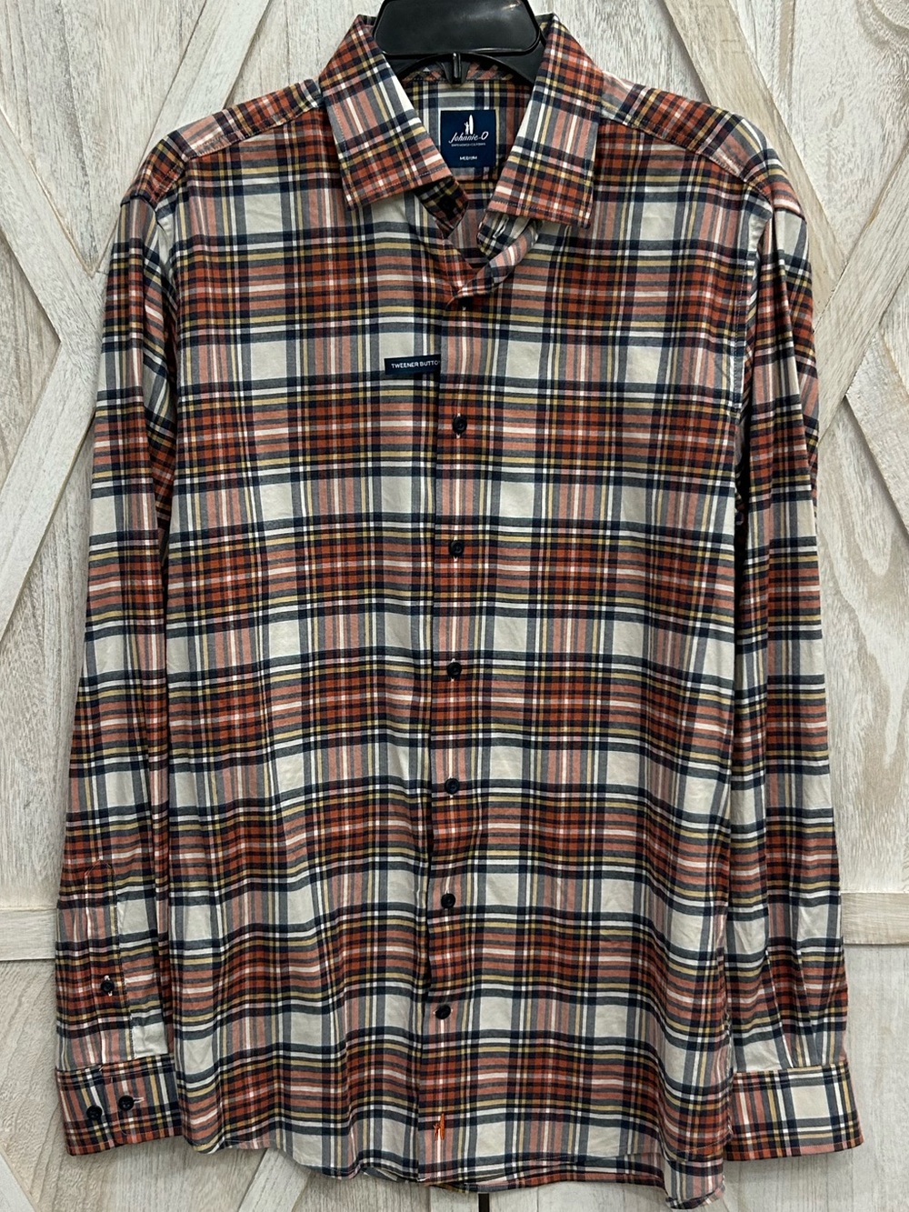 johnnie o Shirt Men’s Med Pumpkin Knick L/S Plaid Button-Down Cotton Tencel Span